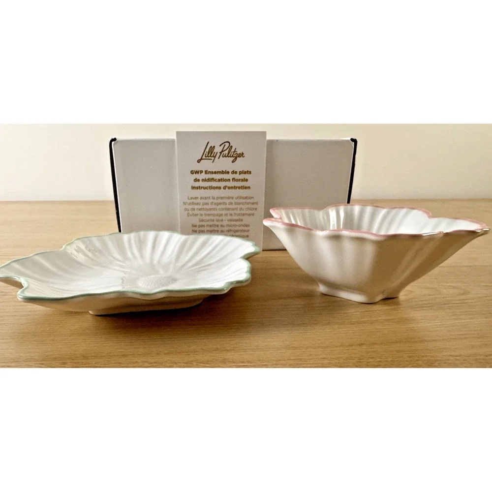 Lilly Pulitzer Floral Nesting Dish Set Pink Green Ceramic 2 Piece New in Box